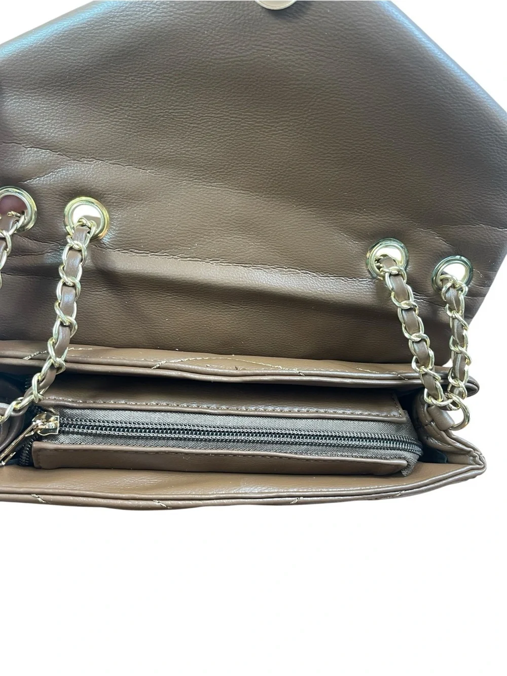 Brown Chevron Quilted Shoulder Bag Gold Chain